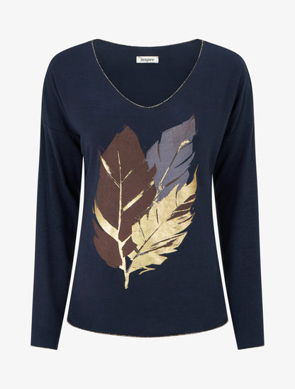 Pull fin à motif plumes irisées - Marine - 1