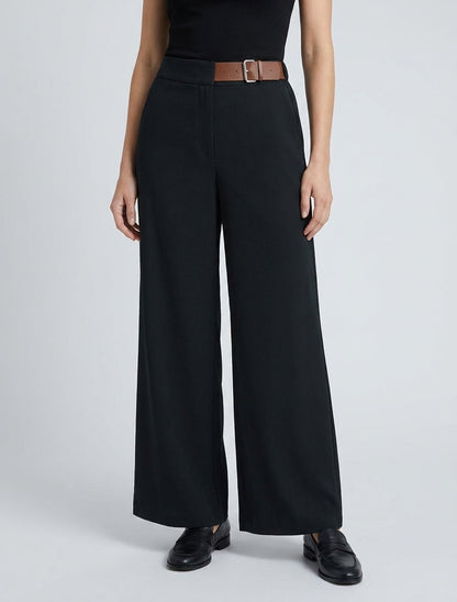 Hoge taille wijde broek met decoratieve riem - Zwart