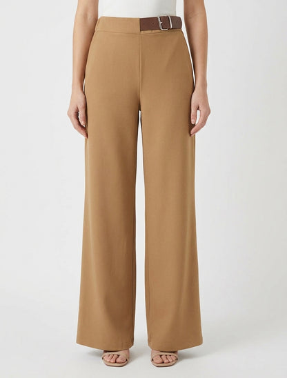 Hoge taille wijde broek met decoratieve riem - Kameel