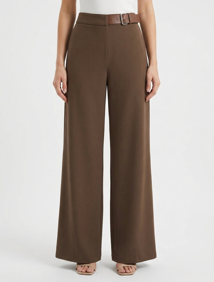 Hoge taille wijde broek met decoratieve riem - Lichtbruin