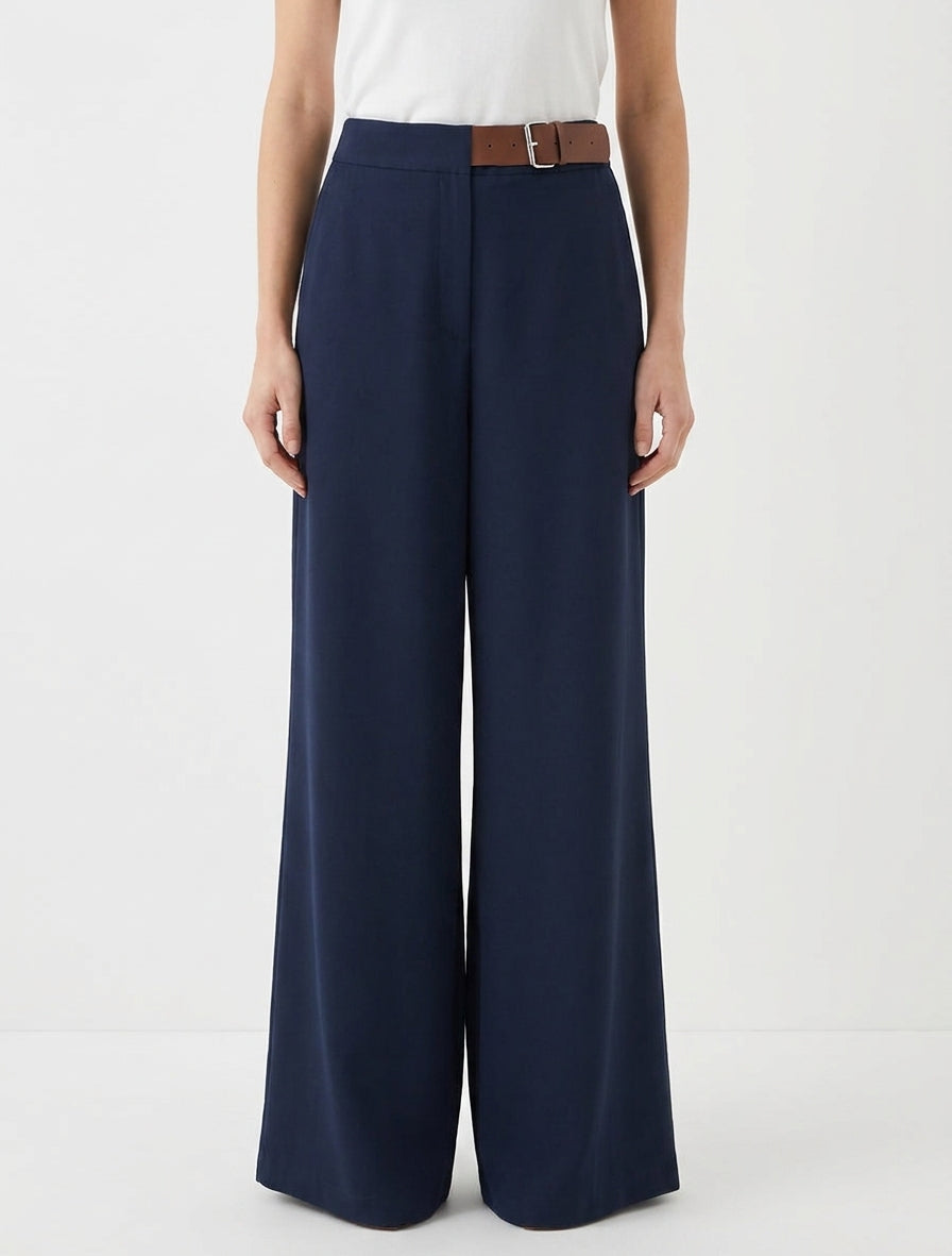 Hoge taille wijde broek met decoratieve riem - Marine