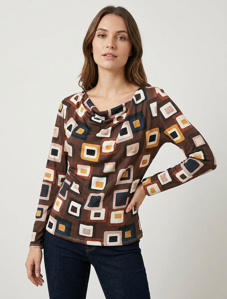 Retro bedrukt top met watervalhals - Bruin