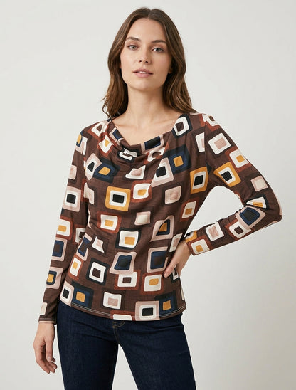 Retro bedrukt top met watervalhals - Bruin