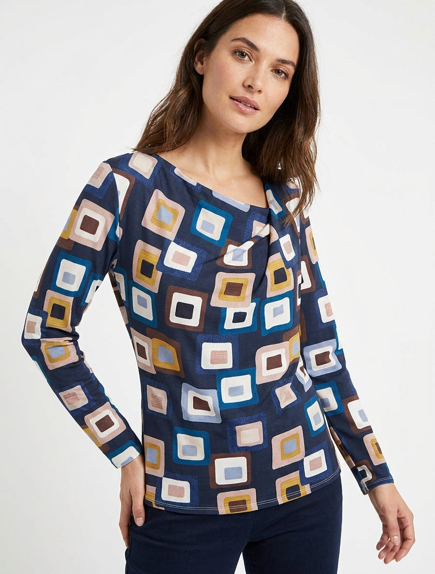 Retro bedrukt top met watervalhals - Marine