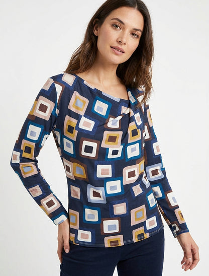 Retro bedrukt top met watervalhals - Marine