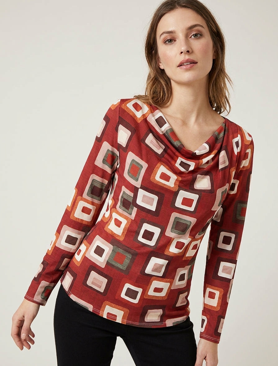 Retro bedrukt top met watervalhals - Rood
