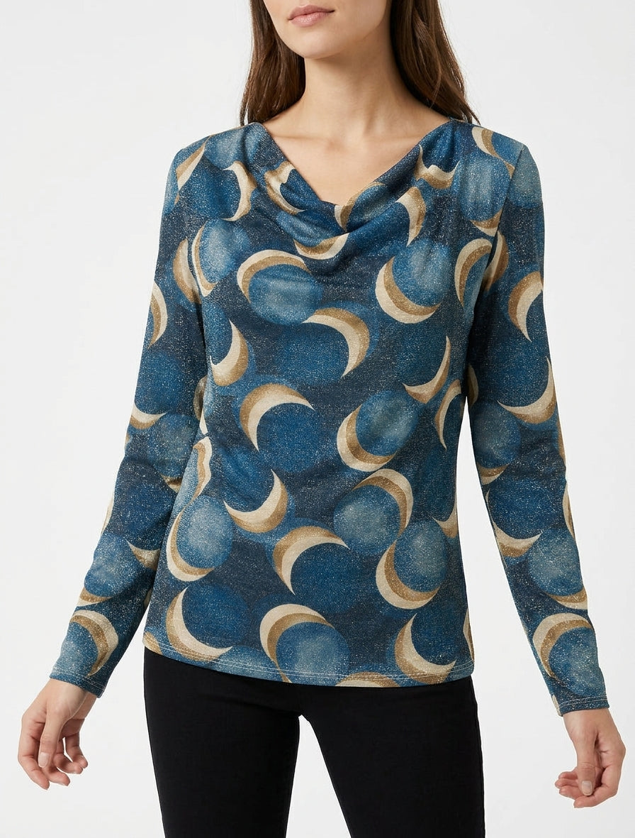 Iriseren top met fantasieronde printen aan de rechterkant. - Eendenblauw