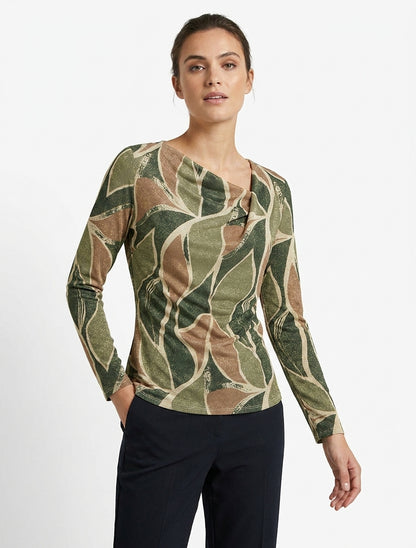 Iriseren top met abstracte bladenprint, rechterkant - Kaki