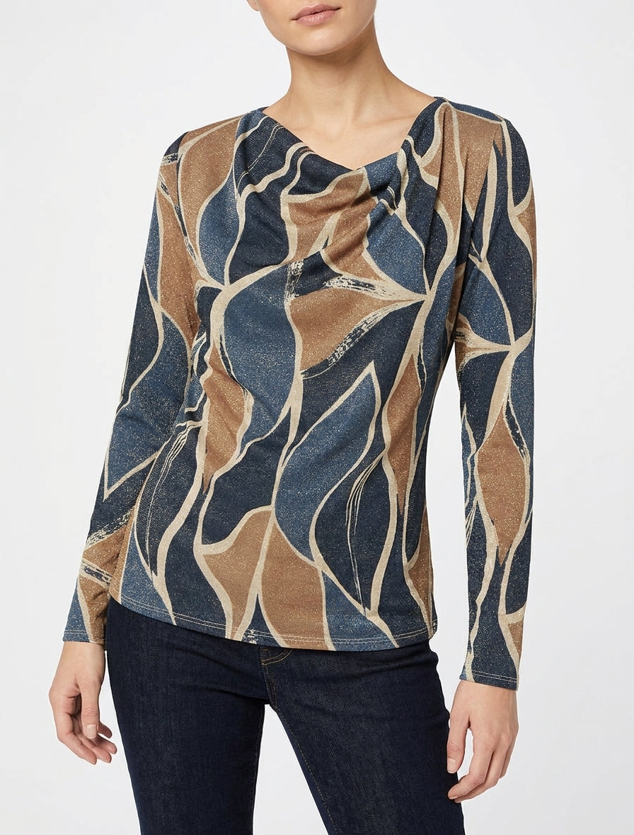 Iriseren top met abstracte bladenprint, rechterkant - Marine