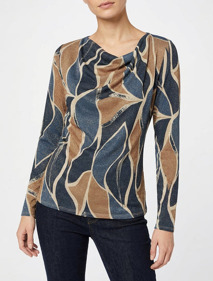 Iriseren top met abstracte bladenprint, rechterkant - Marine