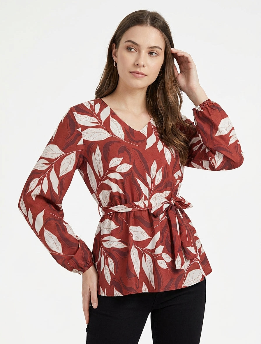 Elastische blouse met bladdessin - Rood