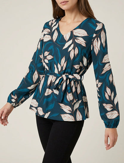 Elastische blouse met bladdessin - Eendenblauw