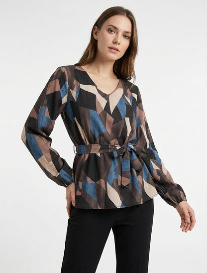 Peplumblouse met abstracte print - Bruin