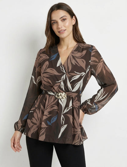 Top overslag met bladprint en florale sieraden. - Bruin