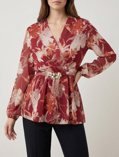 Top overslag met abstracte bloemenprint en bloemjuweel - Rood
