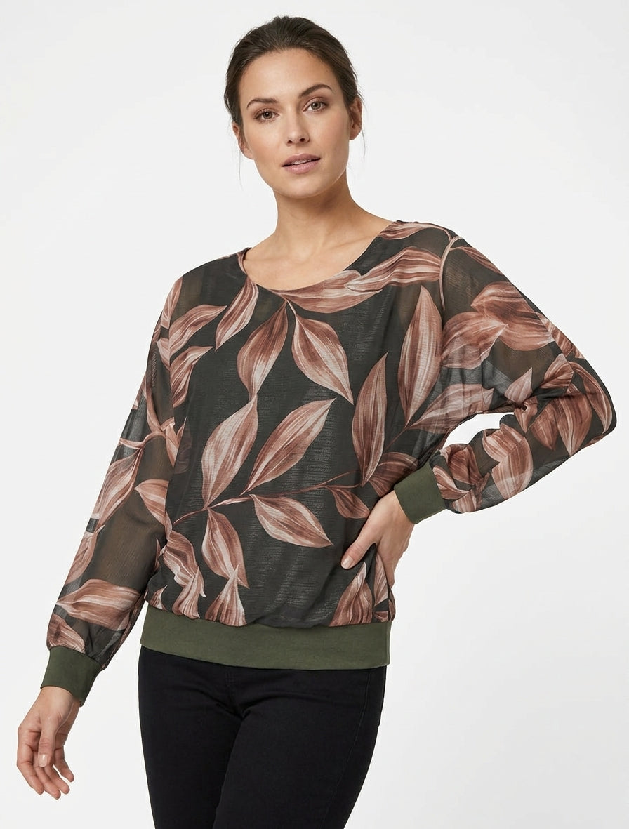 Blouse met bladprint en glinsterend detail - Donker kaki