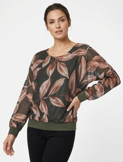 Blouse met bladprint en glinsterend detail - Donker kaki