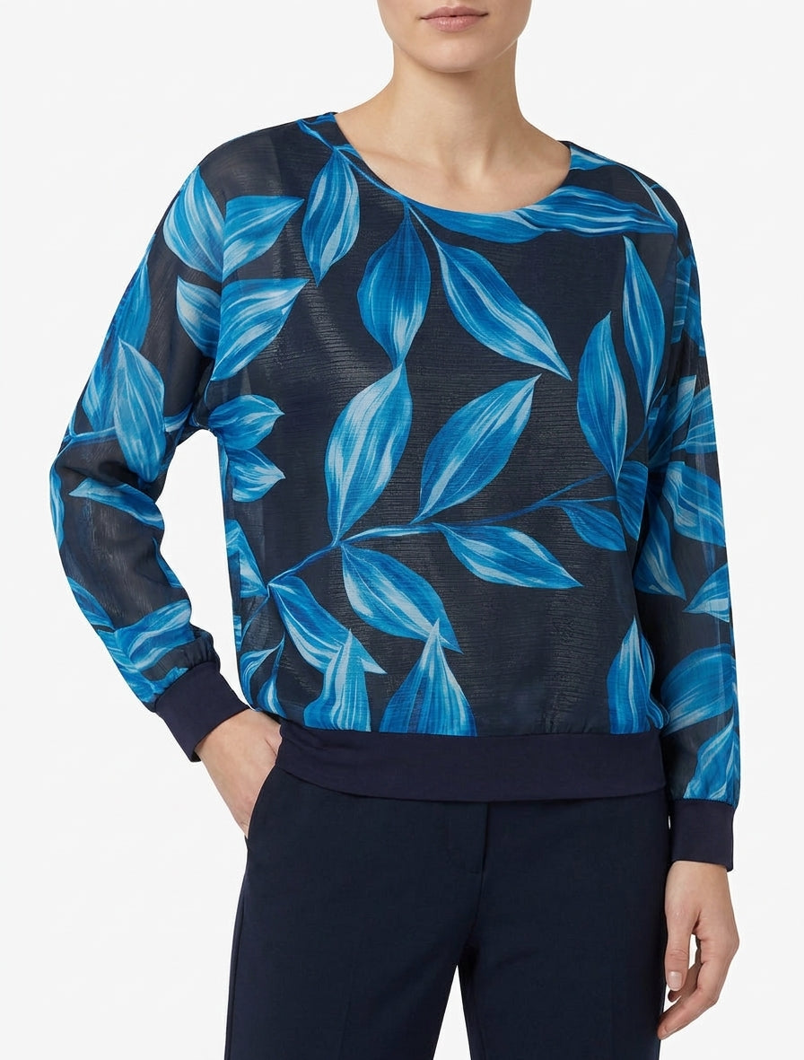 Blouse met bladprint en glinsterend detail - Marine