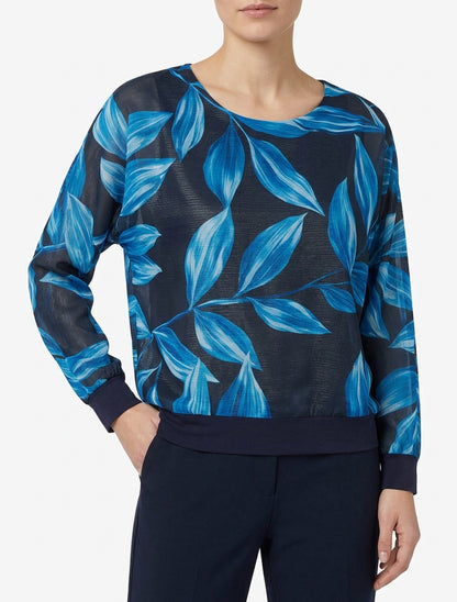 Blouse met bladprint en glinsterend detail - Marine