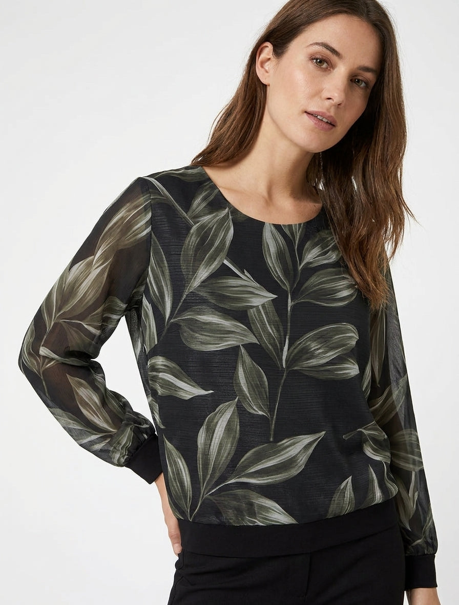 Blouse met bladprint en glinsterend detail - Zwart