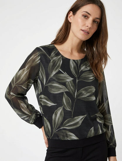 Blouse met bladprint en glinsterend detail - Zwart