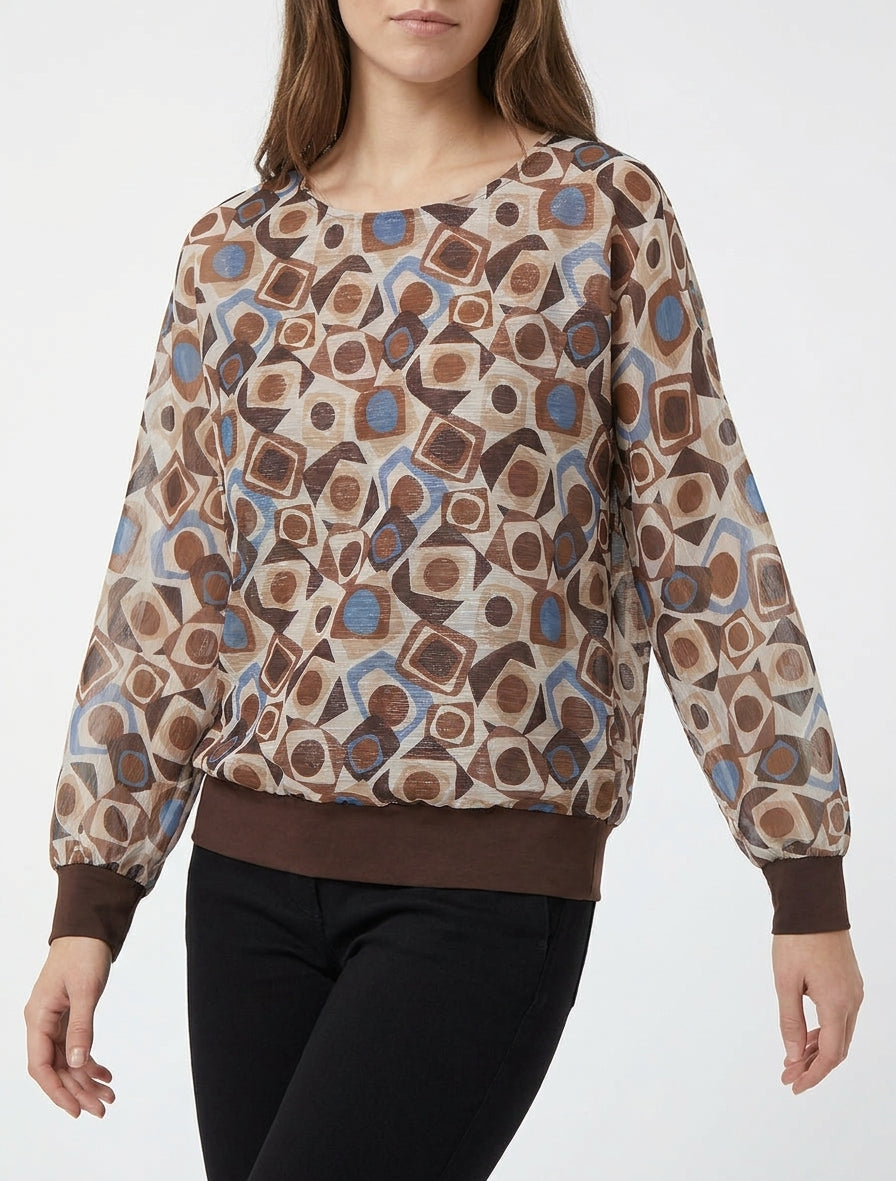 Retro bedrukte blouse met glanzend detail - Bruin