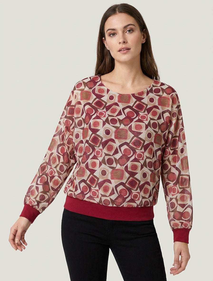 Retro bedrukte blouse met glanzend detail - Bordeaux