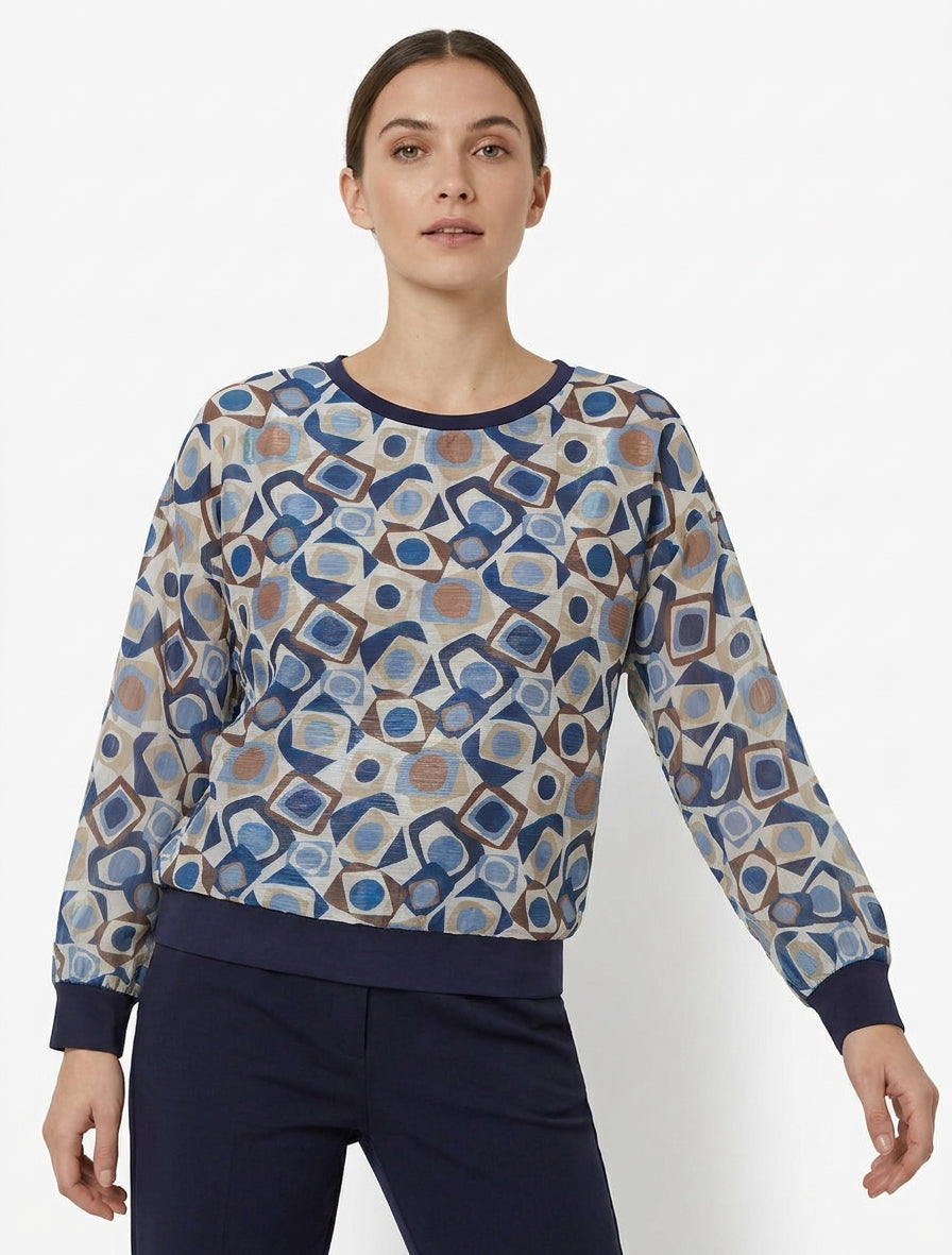 Retro bedrukte blouse met glanzend detail - Marine
