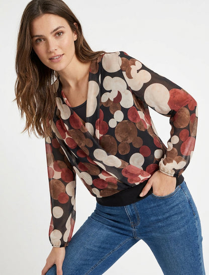 Grafische cirkels print top met overslagkraag - Zwart