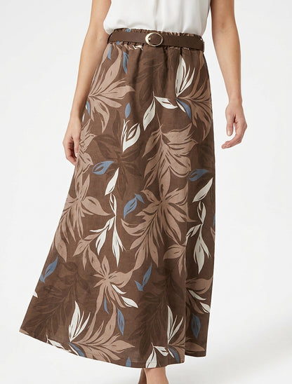 Rok met bladprint en elastische tailleband - Bruin