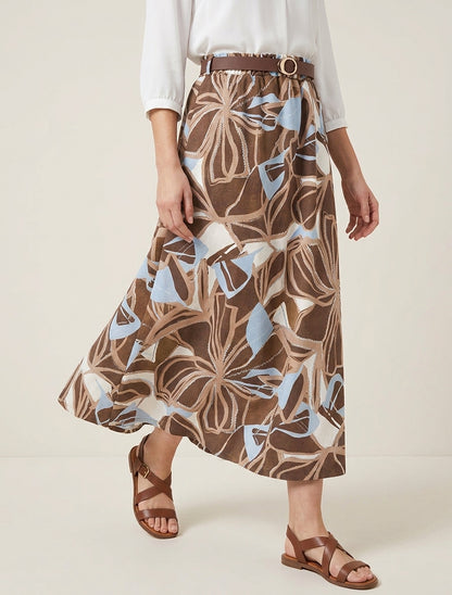 Abstracte printrok met elastische tailleband - Bruin
