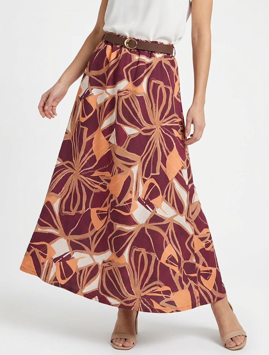 Abstracte printrok met elastische tailleband - Pruim