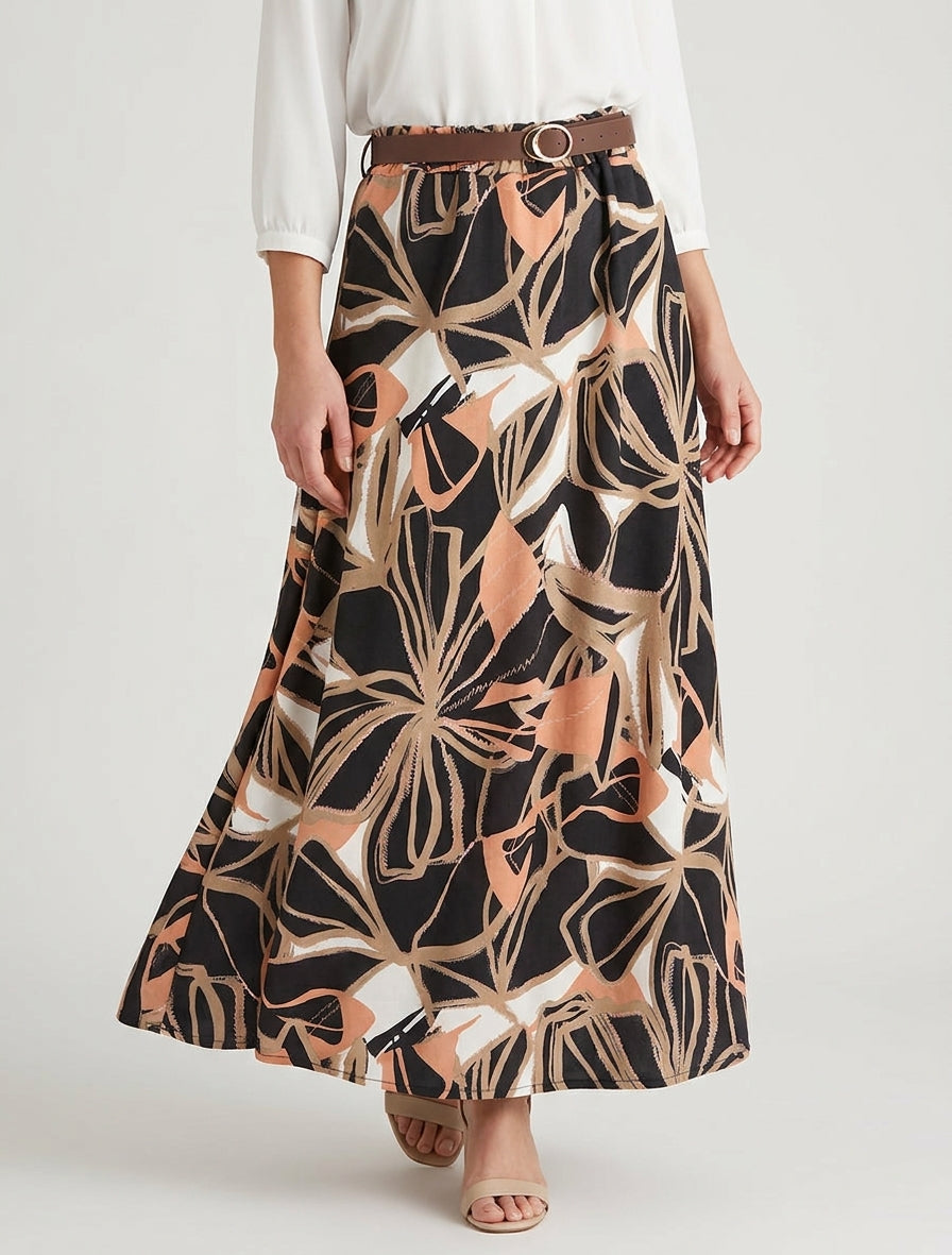 Abstracte printrok met elastische tailleband - Zwart