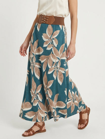Lange rok van suèdine met bladenprint - Eendenblauw