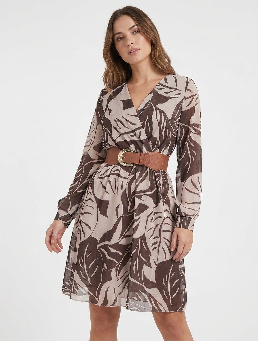 Iridescente jurk met grote bladerenprint - Bruin