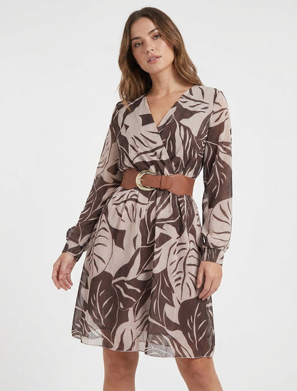 Iridescente jurk met grote bladerenprint - Bruin