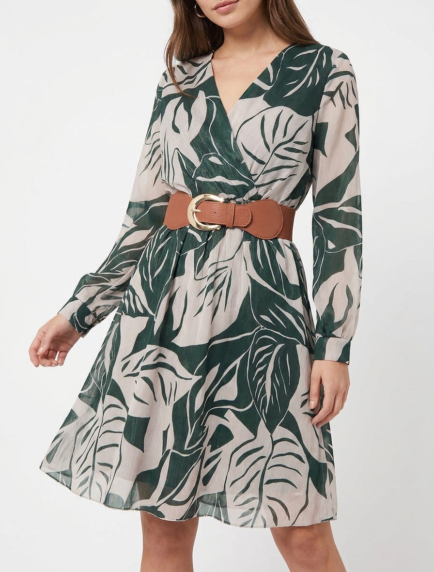 Irise jurk met grote bladeren print - Donkergroen