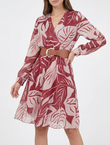 Irise jurk met grote bladeren print - Bordeaux