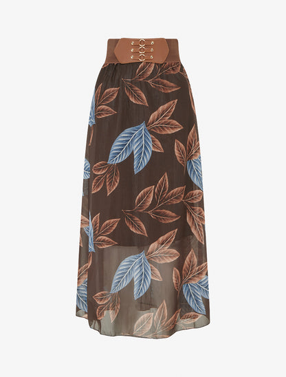 Jupe longue en voile irisé imprimé feuilles - Marron - 1