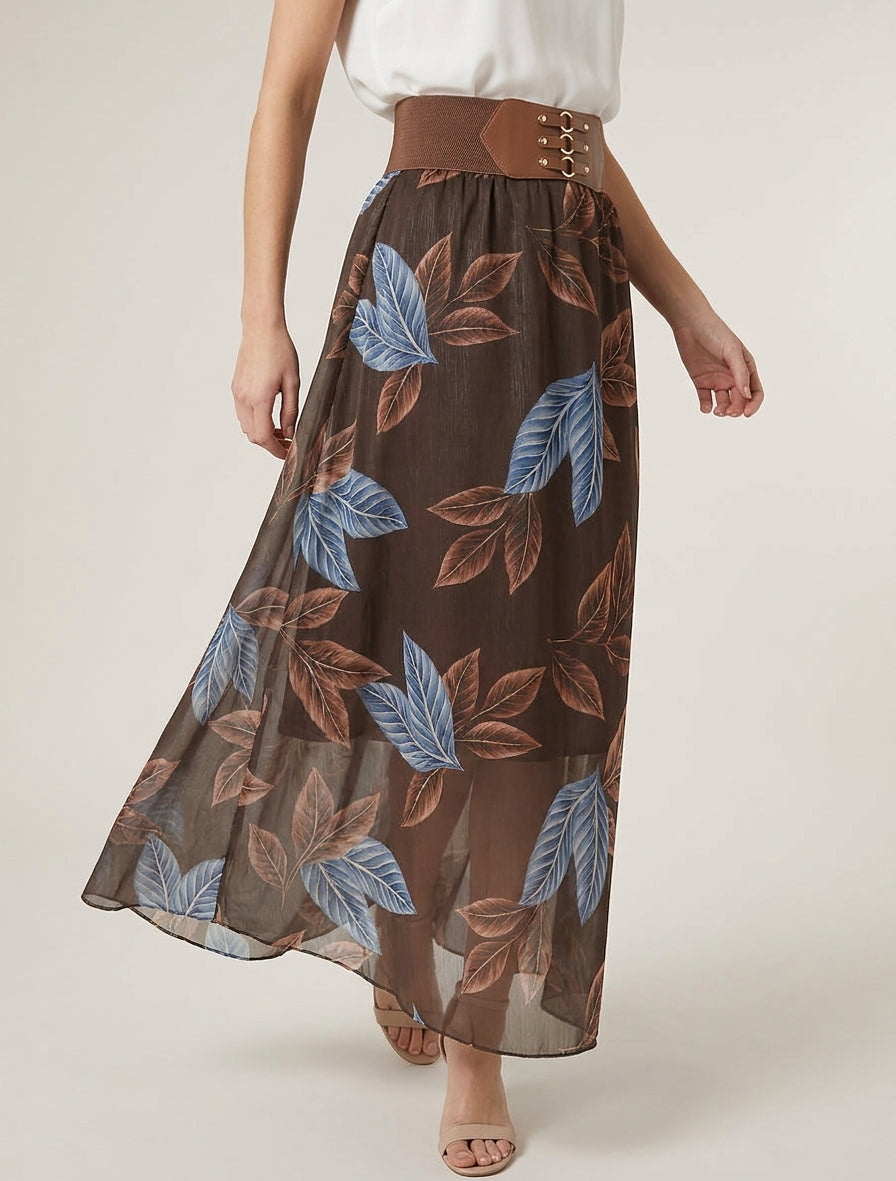 Lange rok van iriserende voile met bladenprint. - Bruin