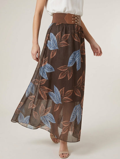 Lange rok van iriserende voile met bladenprint. - Bruin