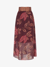 Jupe longue en voile irisé imprimé feuilles - Prune - 1