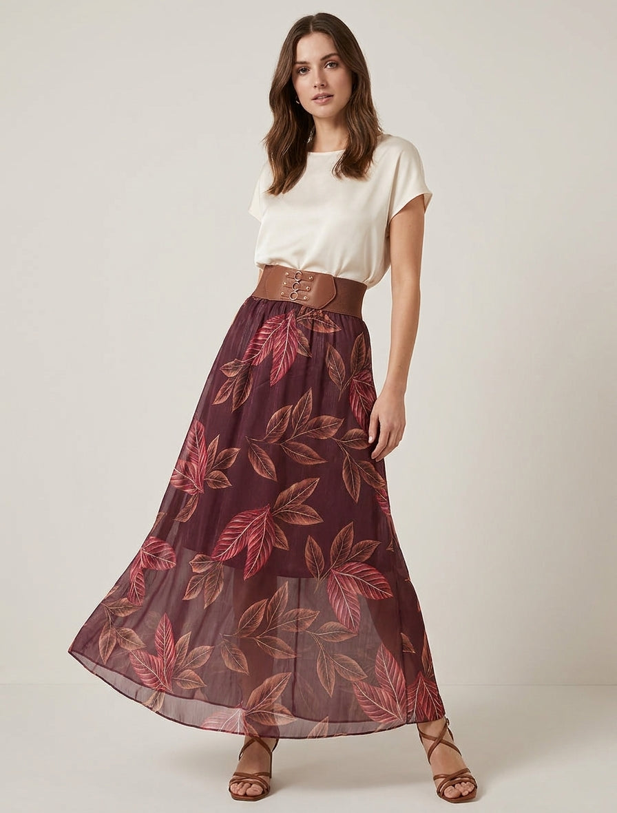 Lange rok van iriserende voile met bladenprint. - Pruim