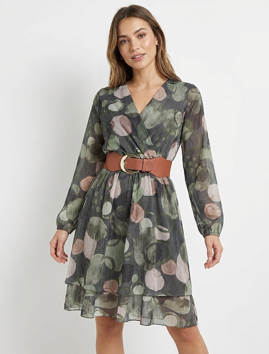 Jurk met abstracte print en overslagkraag - Kaki