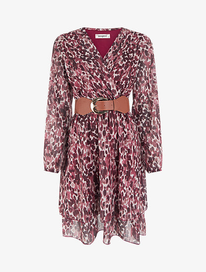 Robe imprimé fantaisie à col cache coeur - Lie de vin - 1