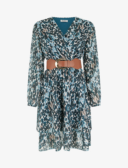 Robe imprimé fantaisie à col cache coeur - Bleu canard - 1