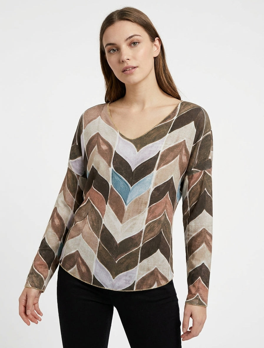 Fijngebreide trui met fantasievisgraatmotief - Bruin