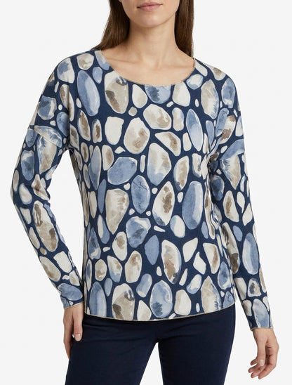Fijne trui met ronde hals en kiezelprint - Marine