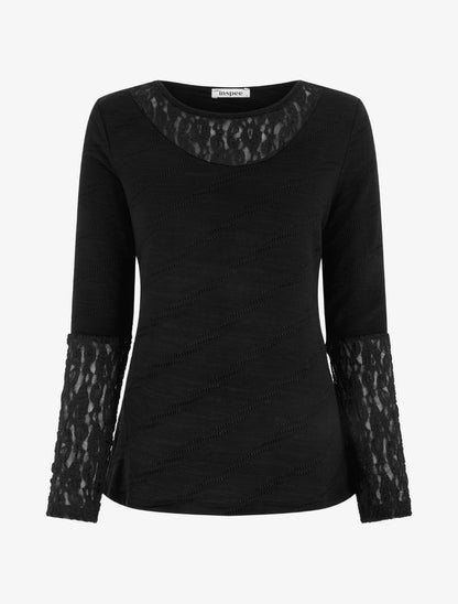 Pull droit à col et manches en dentelle - Noir - 1