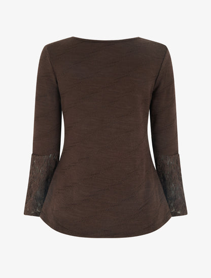 Pull droit à col et manches en dentelle - Marron - 2